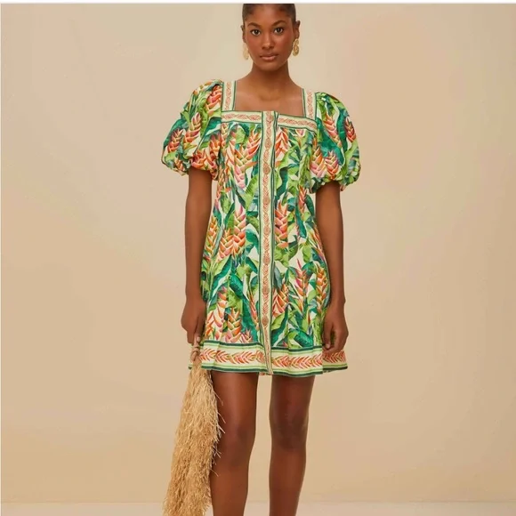 Farm Rio Off-White Heli Leaves Lenzing Ecovero Euroflax Mini Dress, Heli Leaves Pearl / M